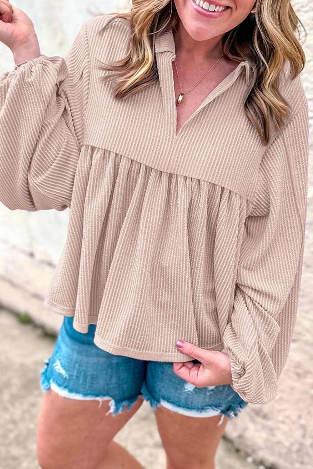 Parchment Corded Turn-down V Neck Bubble Sleeve Babydoll Blouse - Love Salve